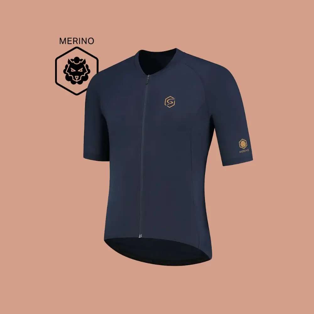 Navy cycling jersey with Merino branding and short sleeves.