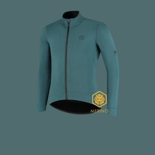Green cycling jacket with a full zipper and Merino branding.