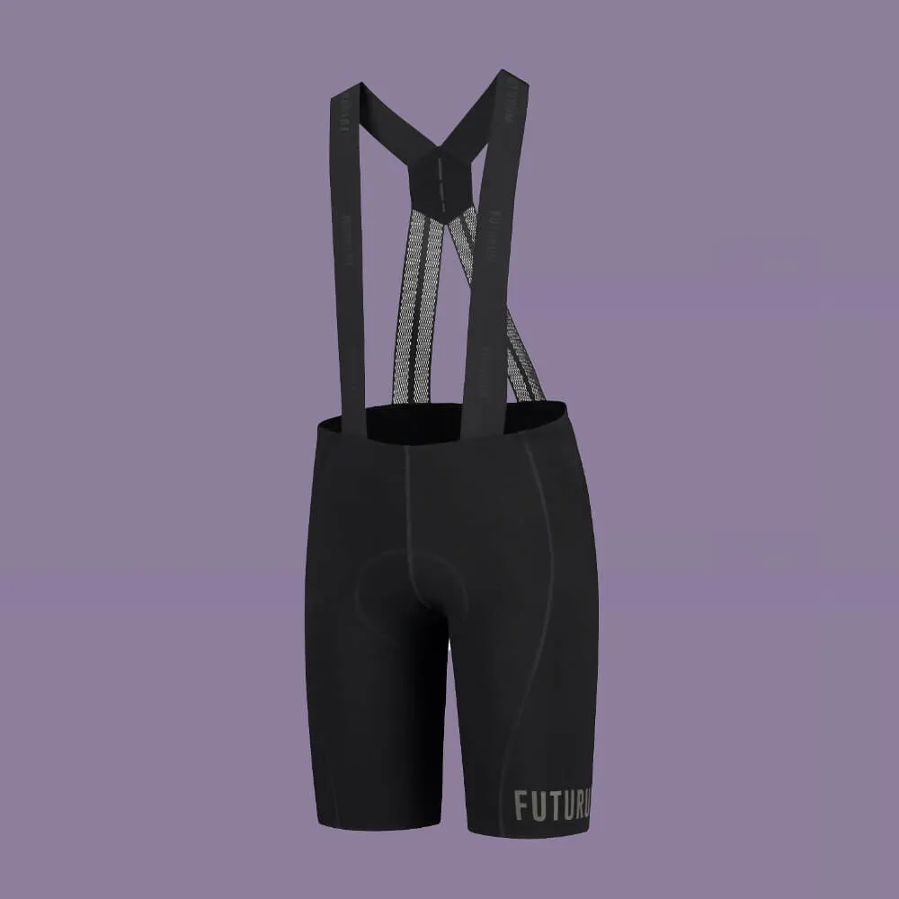 Black cycling bib shorts with Futurum branding on a purple background.