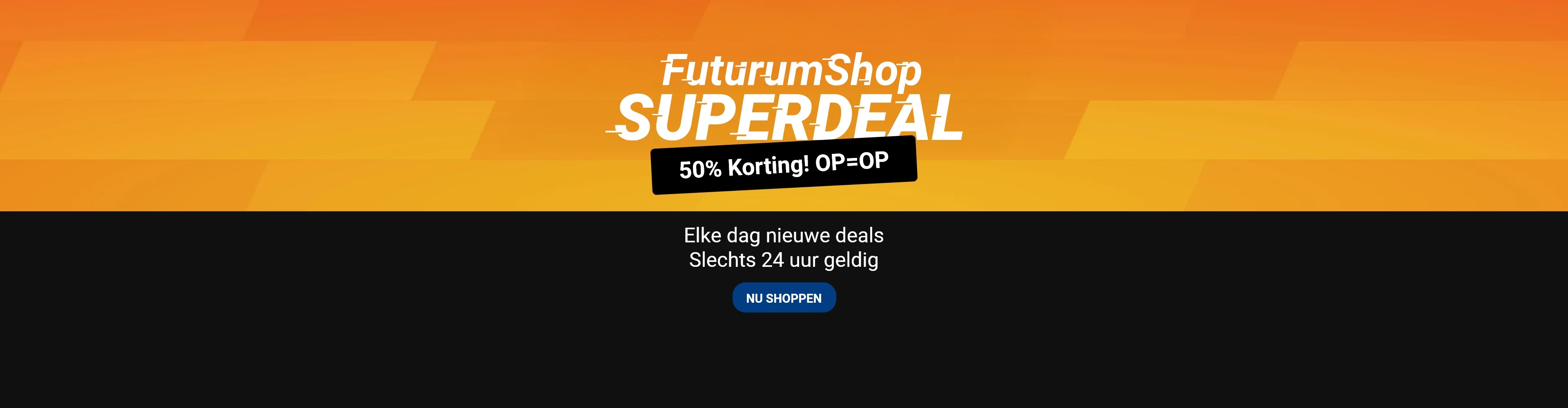 Promotional banner for FuturumShop featuring a 50% discount offer. The banner has an orange background with bold white text.