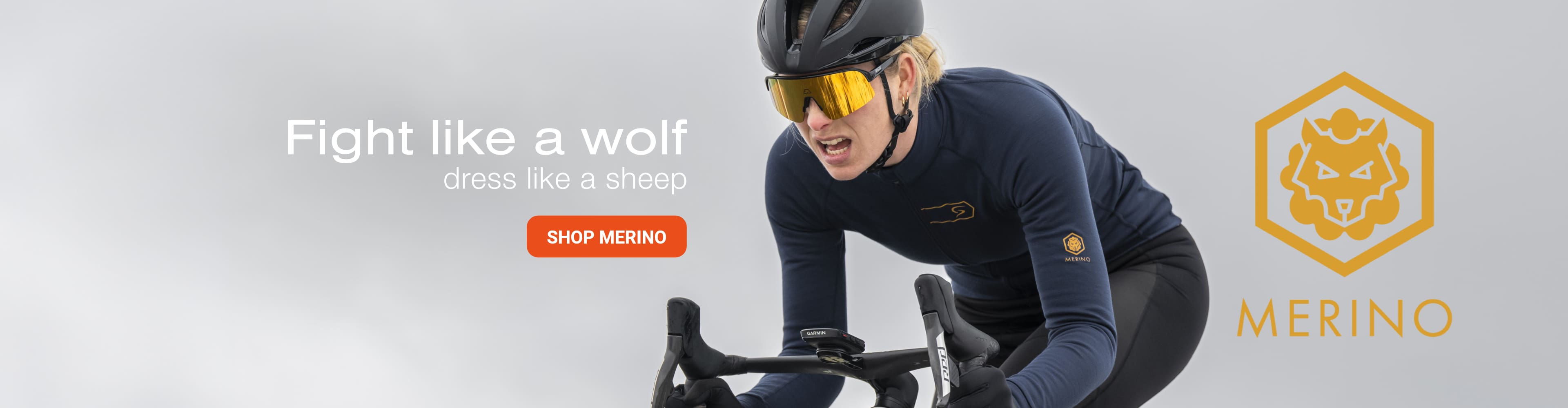 Een wielrenner in merinokleding en met een zonnebril is te zien op een promotiebanner met de tekst Fight like a wolf, dress like a sheep.