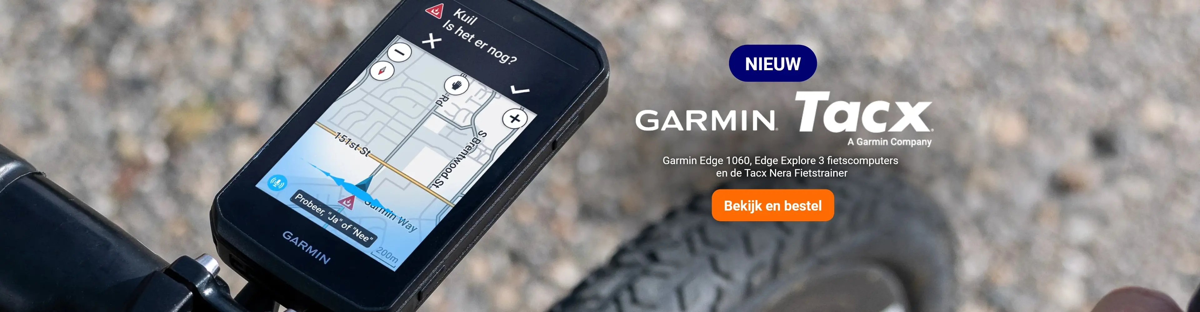 Promo banner featuring the Garmin Edge 1060 cycling computer mounted on a bike handlebar with a map display.