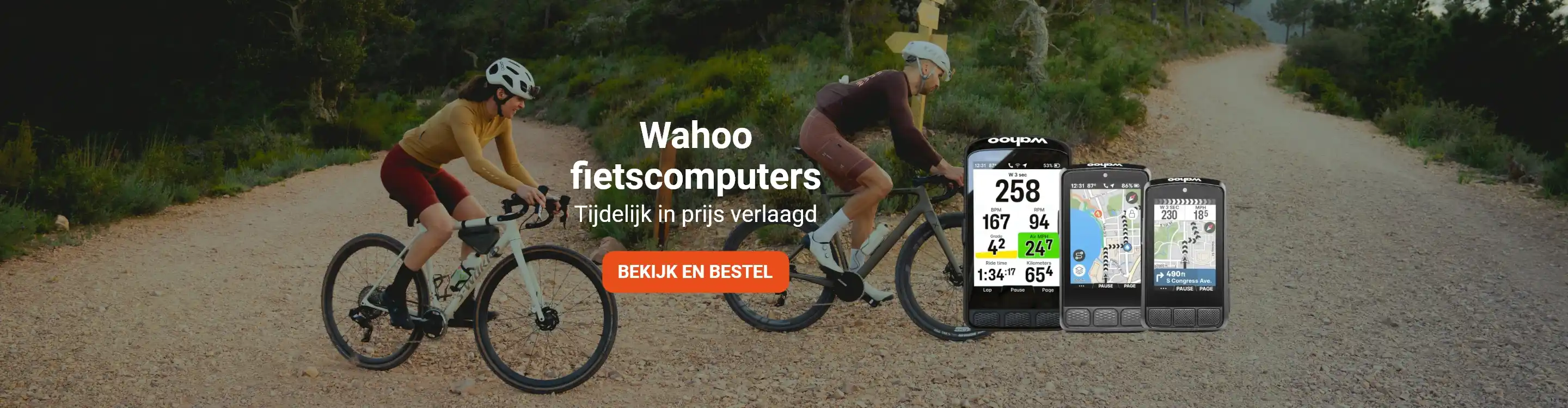Two cyclists riding on a gravel path with Wahoo cycling computers displayed. Promotional text highlights a temporary price reduction.