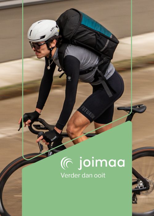 A cyclist wearing a helmet and a Joimaa backpack rides a bicycle.