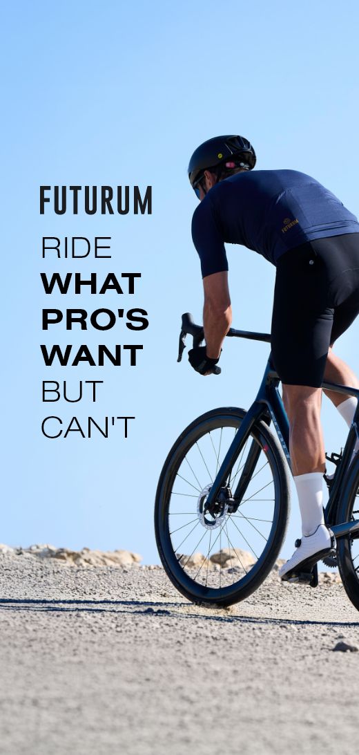 A cyclist in a blue outfit riding a blue bicycle on a clear day with text promoting Futurum.