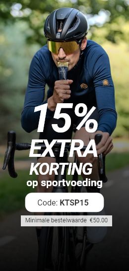 A cyclist in a blue outfit and helmet is featured with a 15% discount code for sports nutrition.